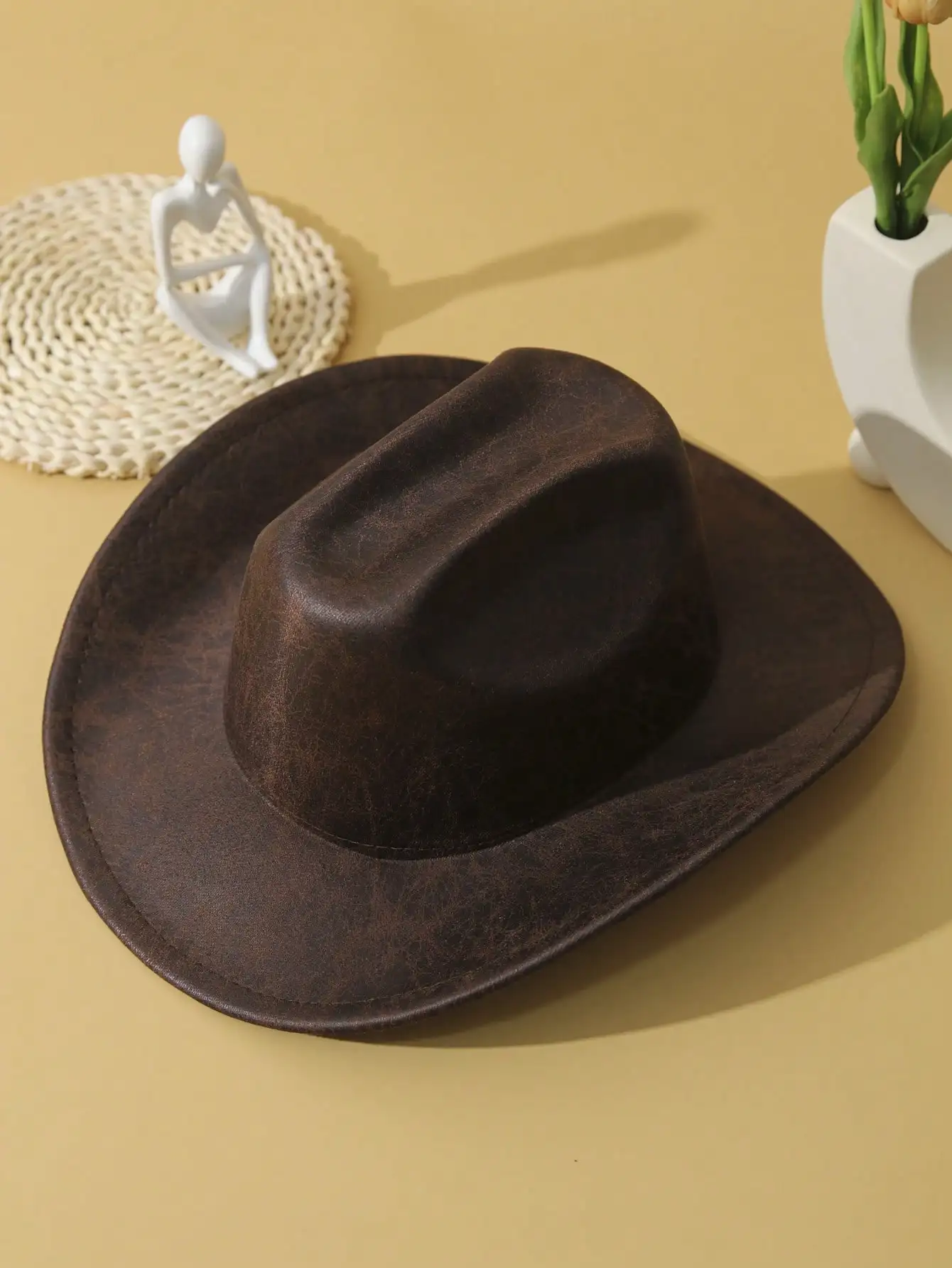 1pc Unisex Cattle Head & Belt Decor Handmade Panama Hat Wide Brim Ridge Cowboy Hat PU Cowgirl Hat Western Suitable Soft Felt Hat Fedora Hat SC251112076641574871