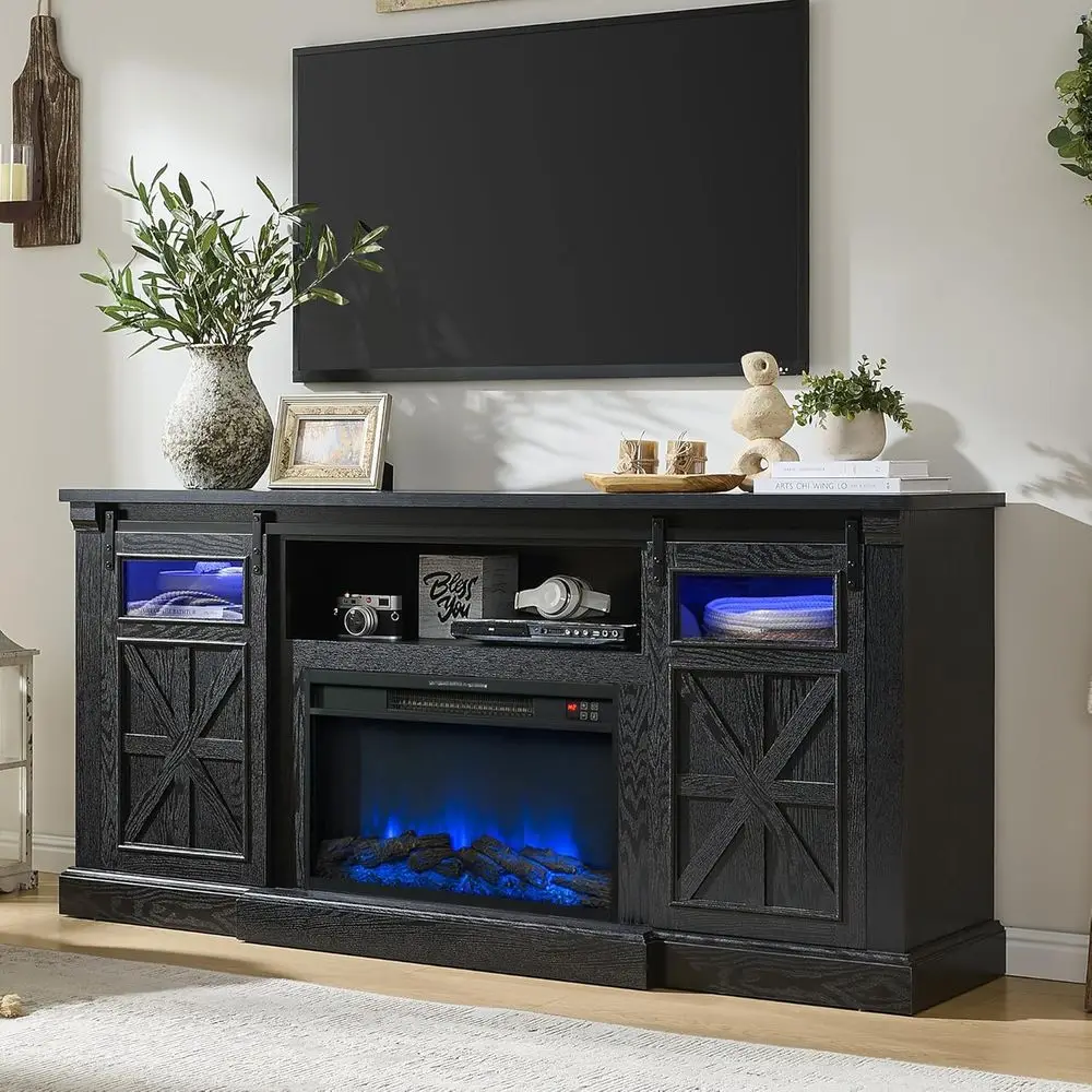 

Тумба под телевизор 80 дюймов, высокий раздвижной шкаф-тумба для развлечений с дверцами-амбарными створками, черная отделка под дерево