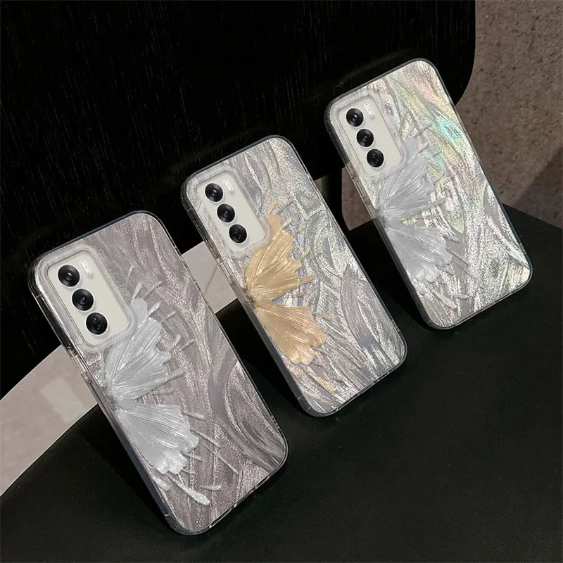 Funda de mariposa pintada para OPPO Reno 12 11 Pro 8T 7Z 11F 4 6 Lite, funda de teléfono de silicona gradiente de plata láser de lujo