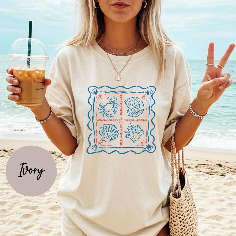 Vintage Sea Life Stamps T Shirt  Men's Women Top Tee Casual Trendy Oversized Loose O-Neck Unisex Cotton Spring Summer