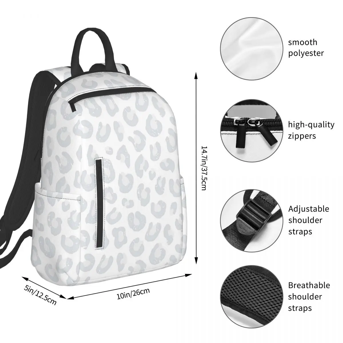 Leopard Print - Silver Gray And Whi Backpack Student BookBag Boys Girls School Bag Laptop Shoulder Bags Men Women