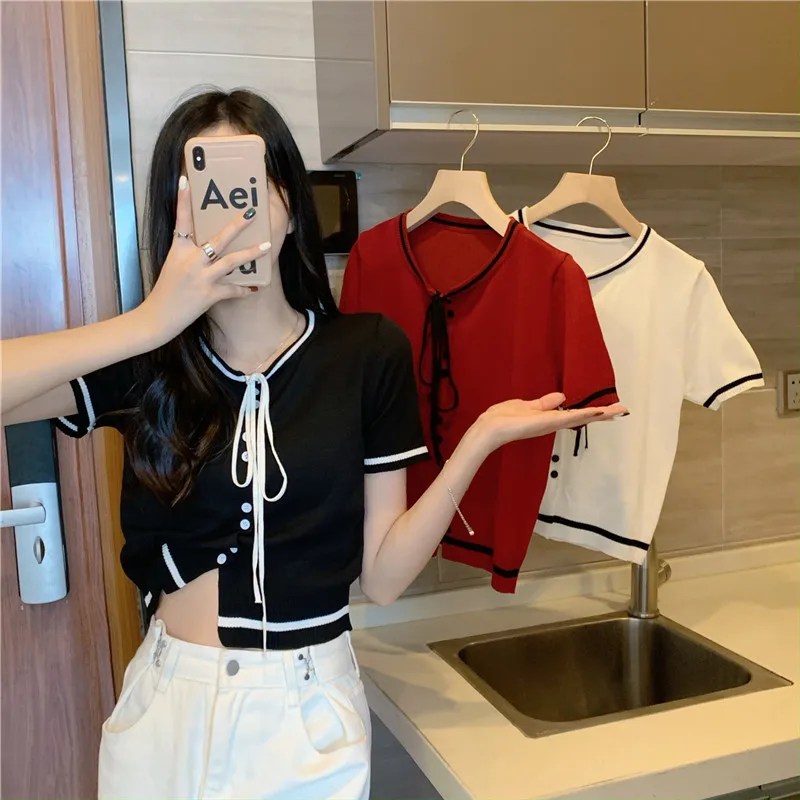 Ice Silk Knitted T-shirt Women Summer Short Sleeve Slim Tie Top