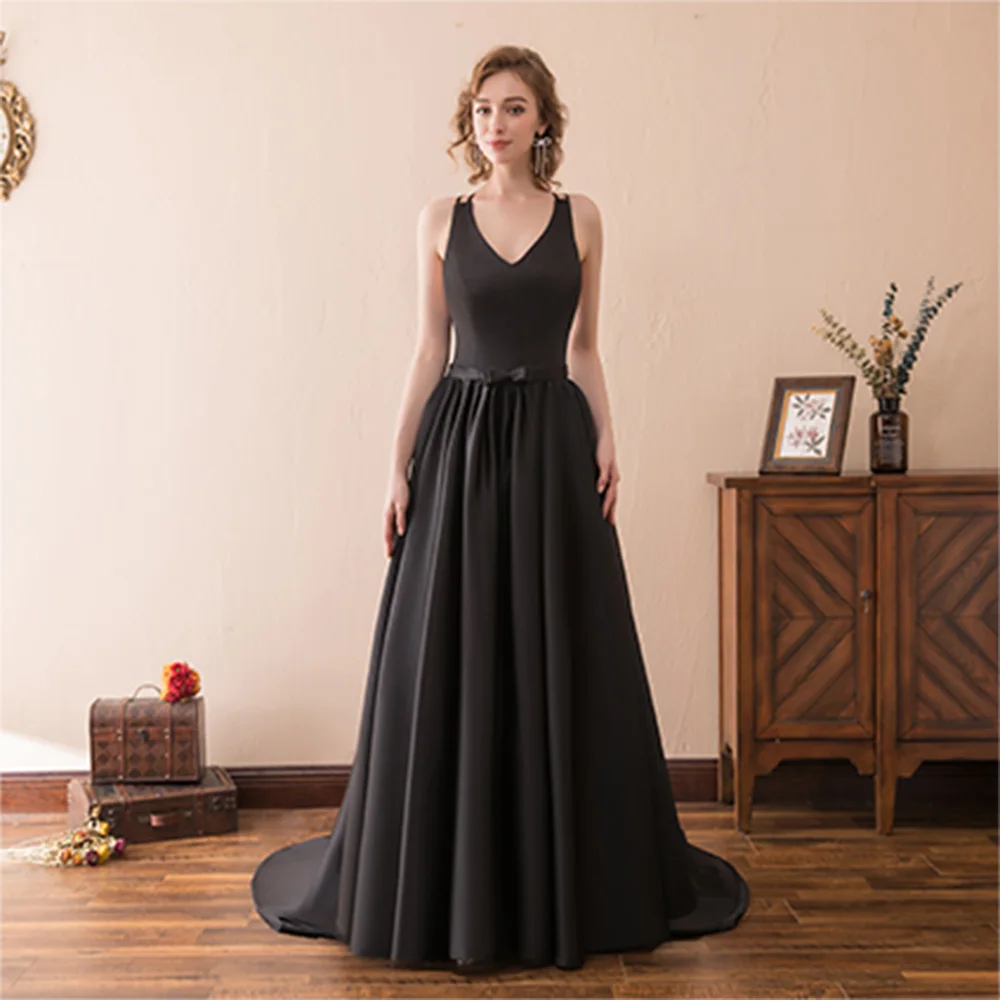 

Temperament Pleats Bow Belt Lace Up Back Evening Dresses Classic A-Line V-Neck Satin Black Party Gowns فساتين سهره نسائيه فخمة