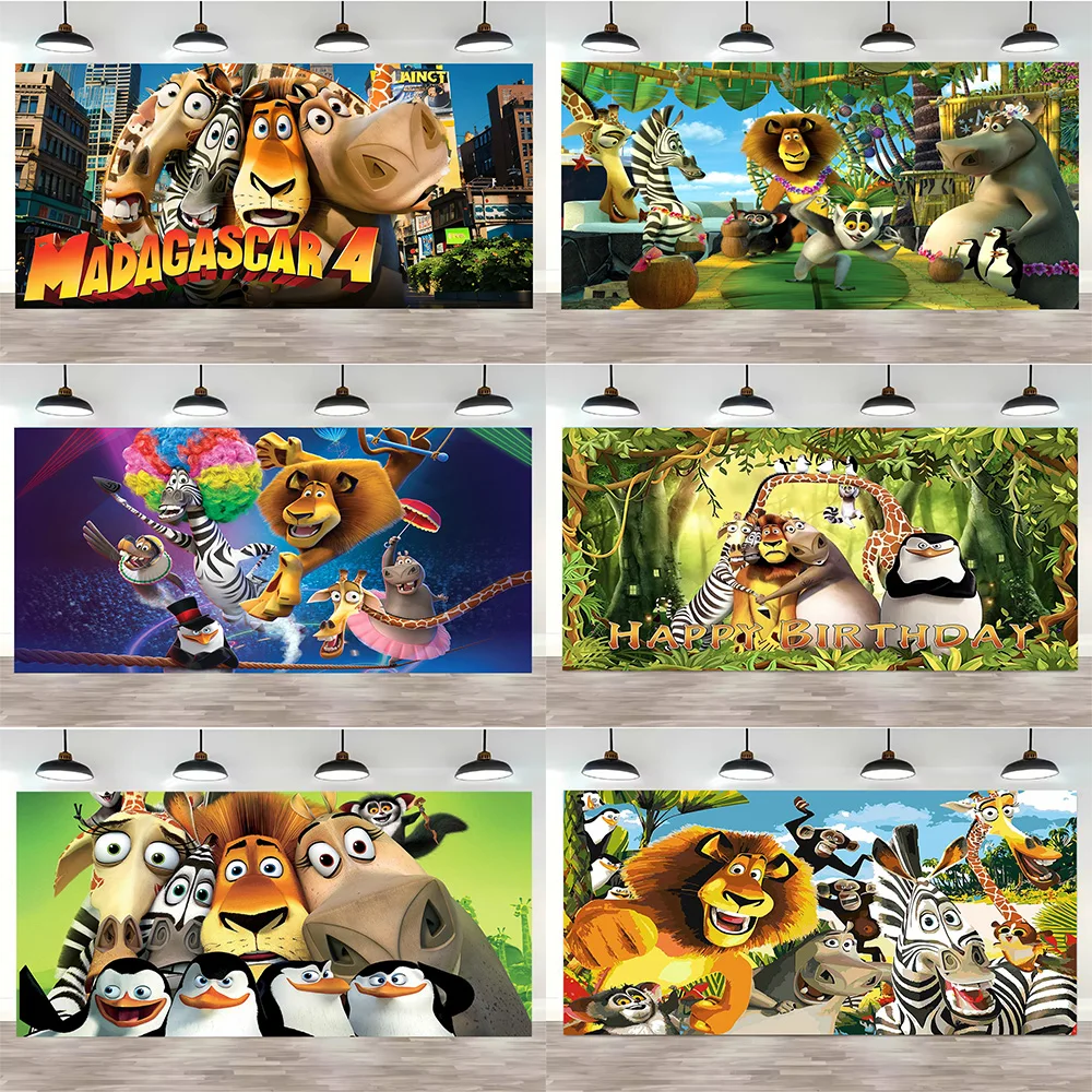 

Cartoon MADAGASCAR Theme Birthday Backdrop Party Supplies Decor Jungle Safari Animal Banner for Photozones Booth Baby Kids Gifts