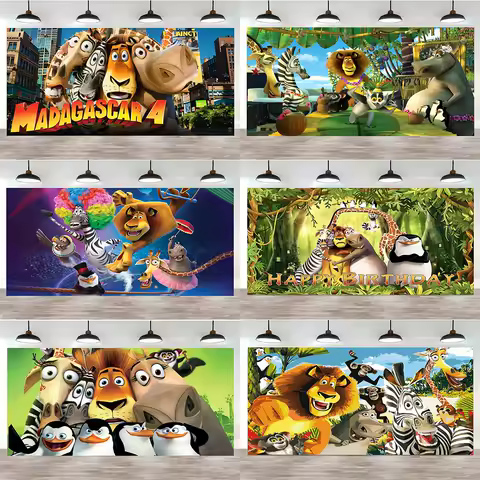 Cartoon MADAGASCAR Theme Birthday Backdrop Party Supplies Decor Jungle Safari Animal Banner for Photozones Booth Baby Kids Gifts