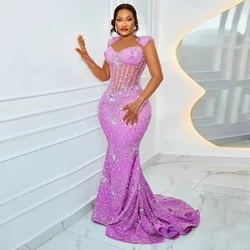 Luxury Lilac Beaded Lace Mermaid Prom Dresses Plus Size African Formal Party Dress Customized Asoebi Wedding Gown Birthday Dress