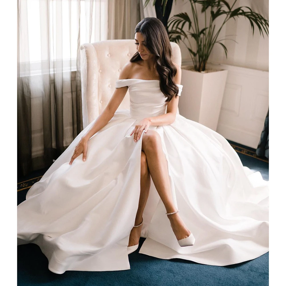 Msikoods Off The Shoulder Wedding Dresses For Women 2023 Side High Slit Satin Pleated Pleat Bridal Gown With Train Women