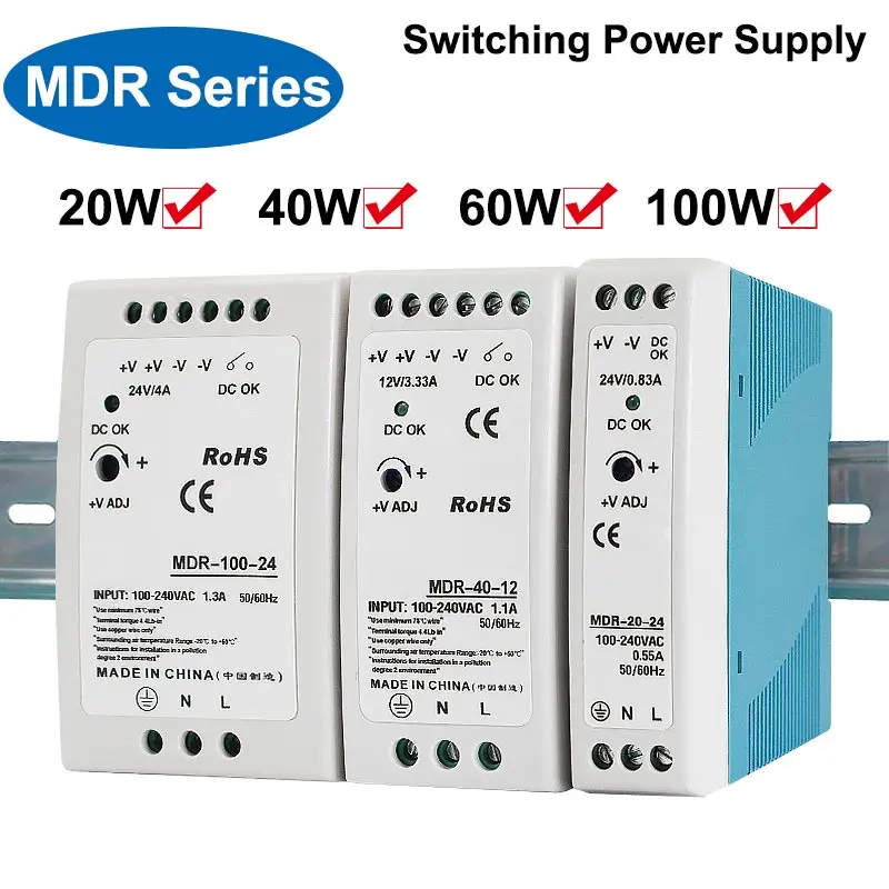 MDR-20W 60W 100W 5V 12V 24V 48V อุตสาหกรรม AC/DC Din Rail แหล่งจ่ายไฟสวิทช์เอาต์พุตเดี่ยว Switching