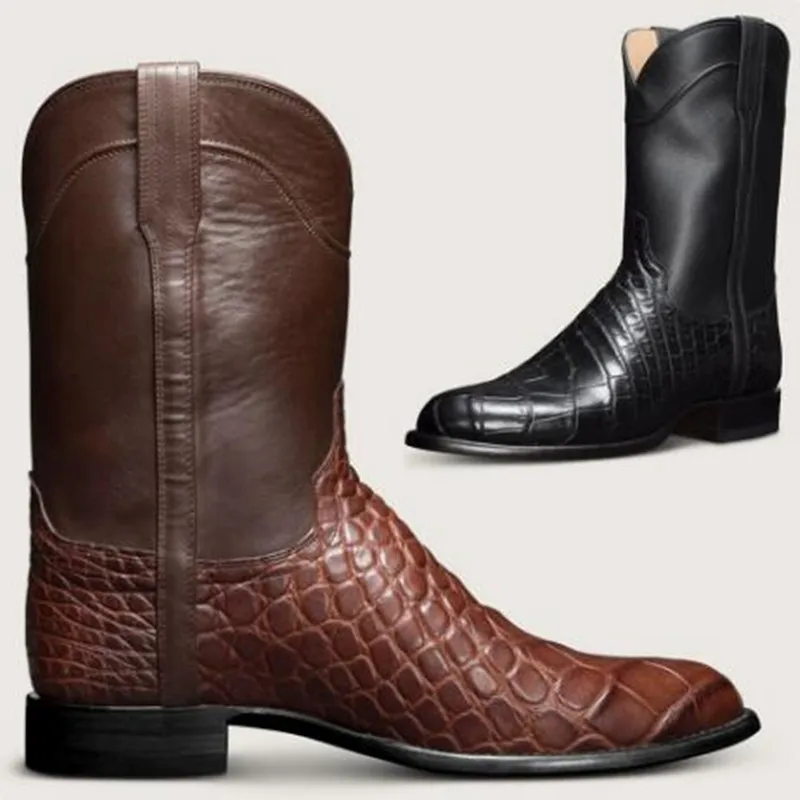 Men's Classic Pattern Ankle Boots Retro Designed Men Shoes Wide Toe Western Cowboy Boot Pointed Working Motorcycle Boots for Men