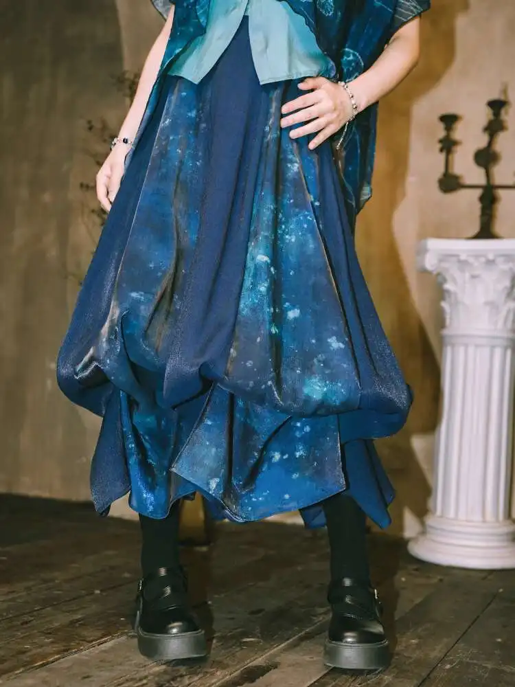 

New Blue Two Outfits Flower Bud Skirt Womens Fashion Sense Of Design Thin Women Jellyfish Skirt A-line Skirt Printing Lace