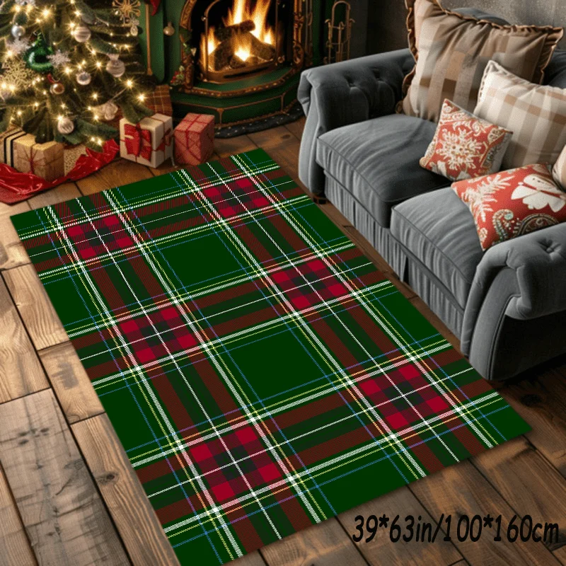 VIKAMA Classic Scottish Tartan Area Rug Dark‑green Red Plaid Checkered Print Large‑size Non‑slip Living‑room Decor Floor Carpet