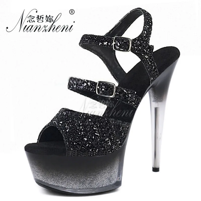 Women's 15CM High Stripper Heels Open Toe Platform Sandals with Flash Powder Buckle Strap Sexy 6-Inch Fetish Nightclub Show Foot