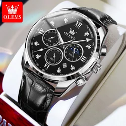 OLEVS 2888 Men's Watches Fashion Style Original Quartz Watch for Man Comfortable Leather Strap Waterproof Luminous Moon Phase