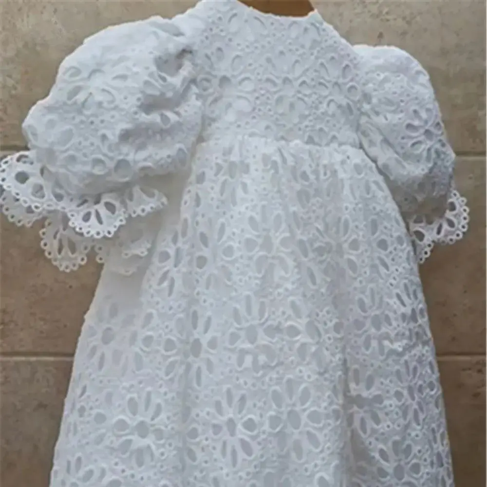 White Balloon Sleeve Flower Girl Dresses for Wedding Hollow Out Lace Long Princess Kids Pageant First Communion Ball Gown