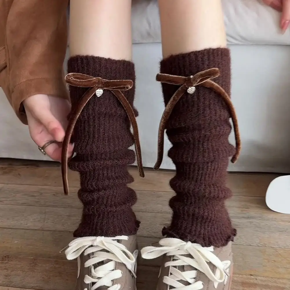 سيدة الموضة بلون تدفئة الساق Bowknot الديكور غطاء للقدم الدافئة محبوك غطاء للقدم كومة سميكة الجوارب الزي غير رسمي