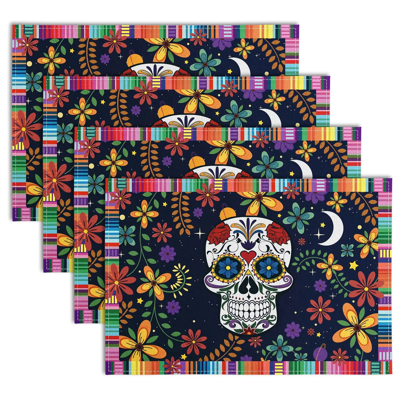 

Day of The Dead Skull Placemats Mexican Style Table Mat Flower Skull Table Placemat Heat-Resistant Mats for Dia De Los Halloween