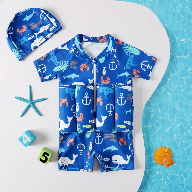 Children Swimming Training Swimwear Boys Girls Swimming Suit Detachable Floating Swimsuit Kids Buofancy Swimwear+Caps Suit