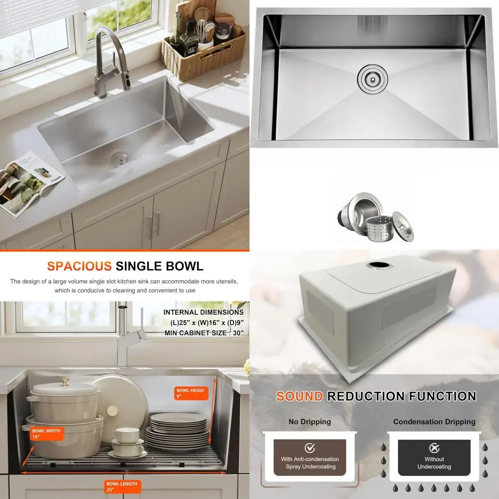

Stainless Steel 27 Inch Undermount Single Bowl Kitchen Sink with Strainer, 16 Gauge, Handmade, 27x18x9 Dimensions