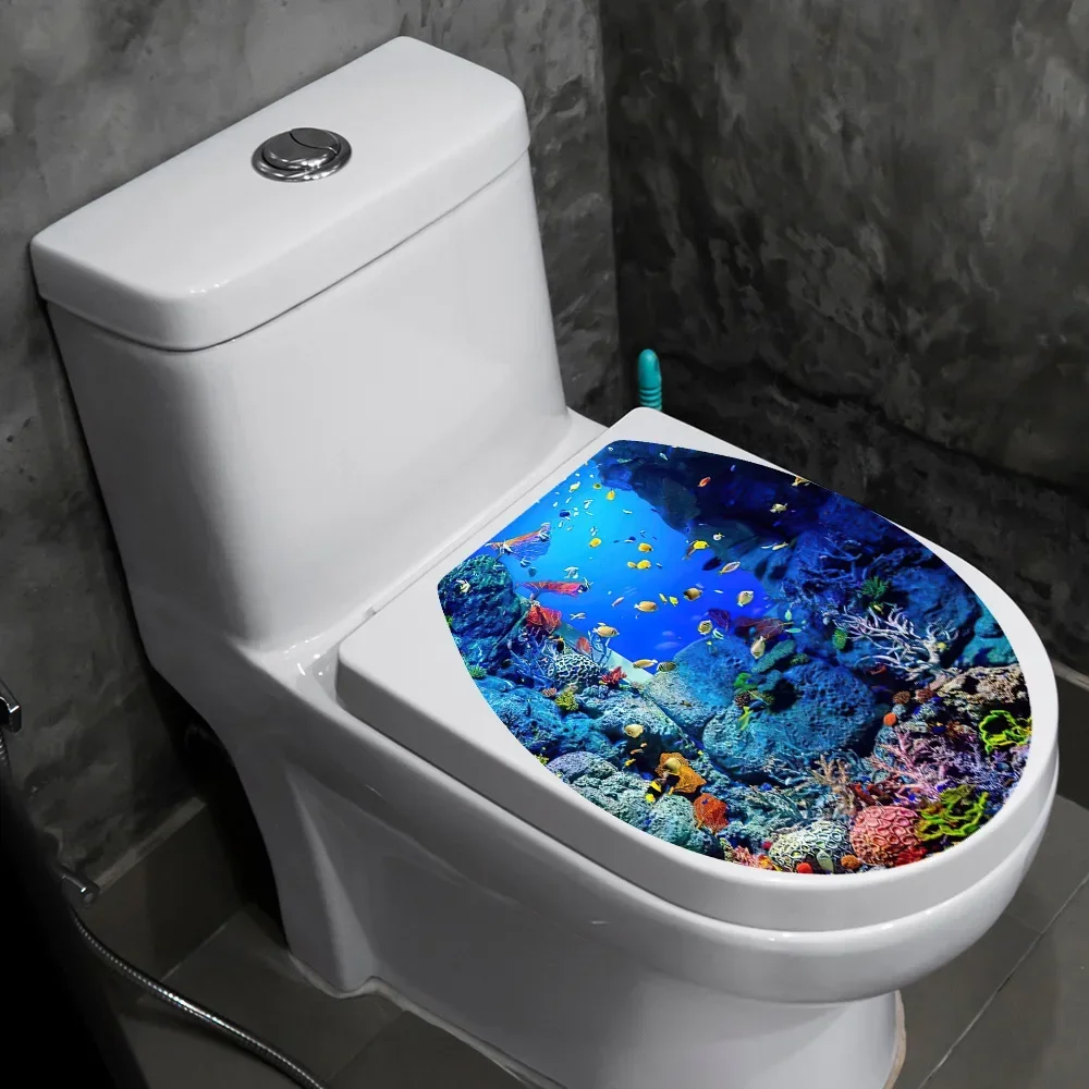 Bathroom Decals Toilet Sticker DIY Undersea Animal Pattern Bathroom Decor 3D Toilet Seat Sticker PVC Art Wallpaper Removable