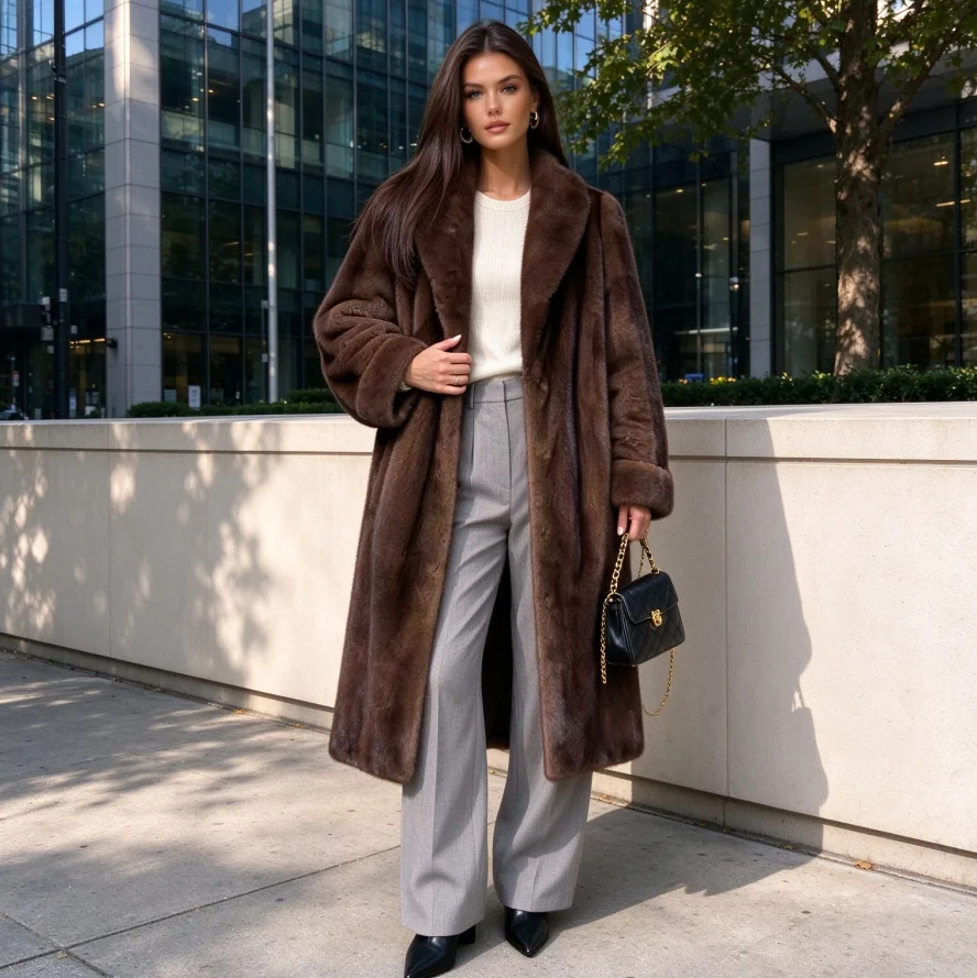 Women Faux Mink Fur Cardigan Outerwear Jacket Fur Coat Winter Turn Down Collar Spliced High Street Spliced Fox Fur Trench