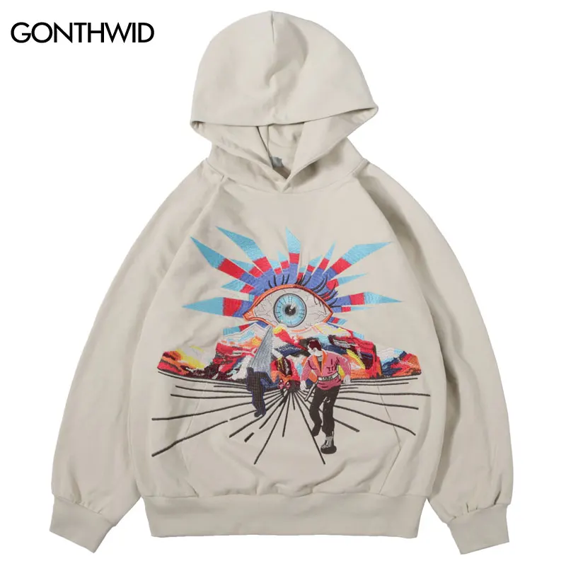 Vintage Hoodie Streetwear Hip Hop Funny Embroidery Eye Graphic Punk Hooded Sweatshirt 2023 Men Harajuku Fashion Loose Pullover