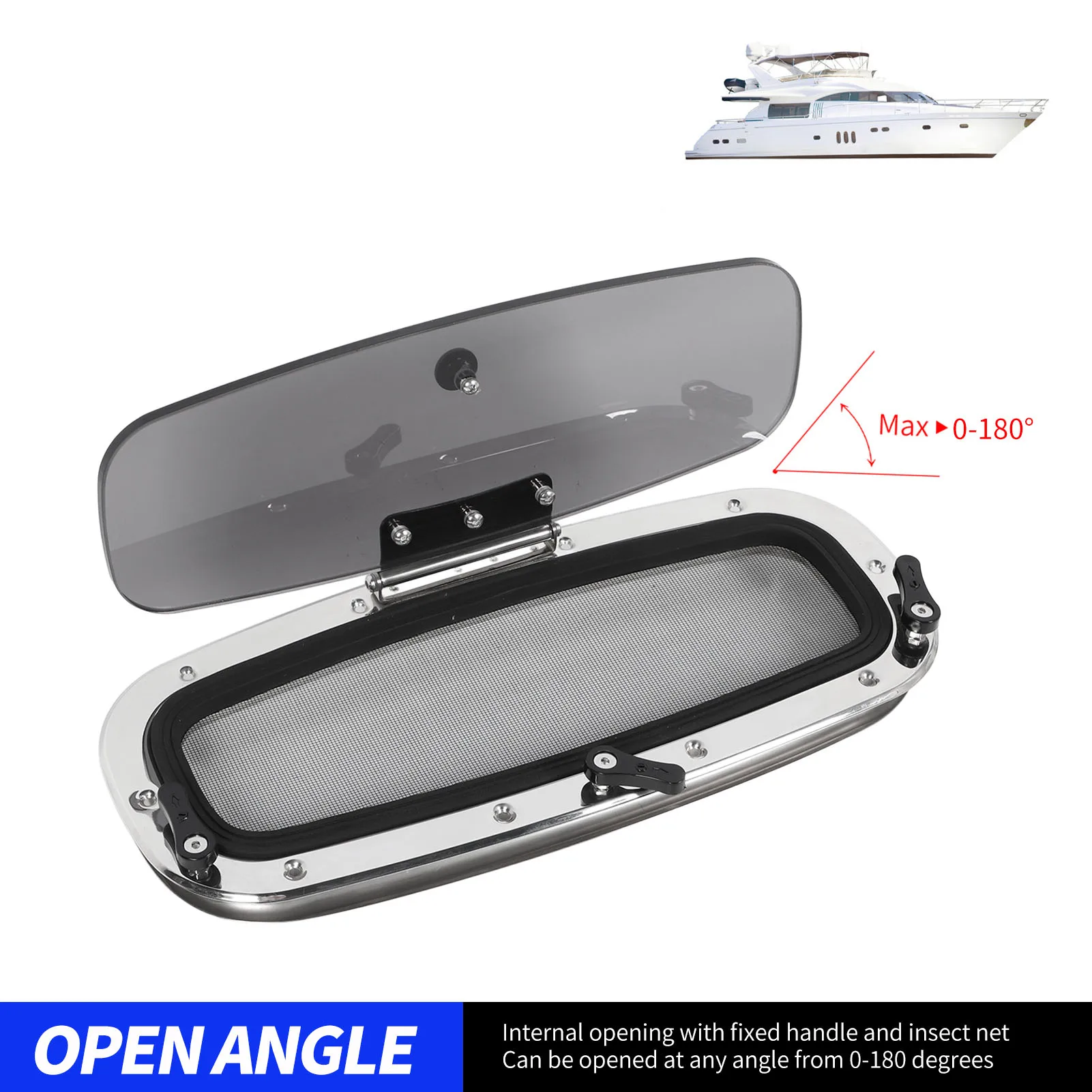 

Boat Porthole Stainless Steel 46x20cm Waterproof Smoke Grey Glass Inward Opening Portlight Window with Screen and Handle
