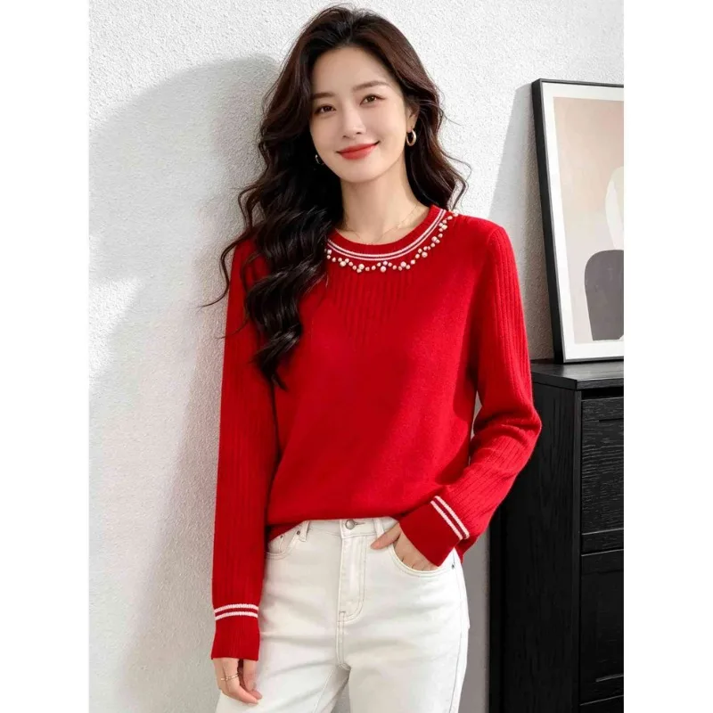 Women Elegant Beaded Round Neck Long Sleeve Knit Sweater Autumn Winter Loose Soft Inner Wear Casual Basic Top