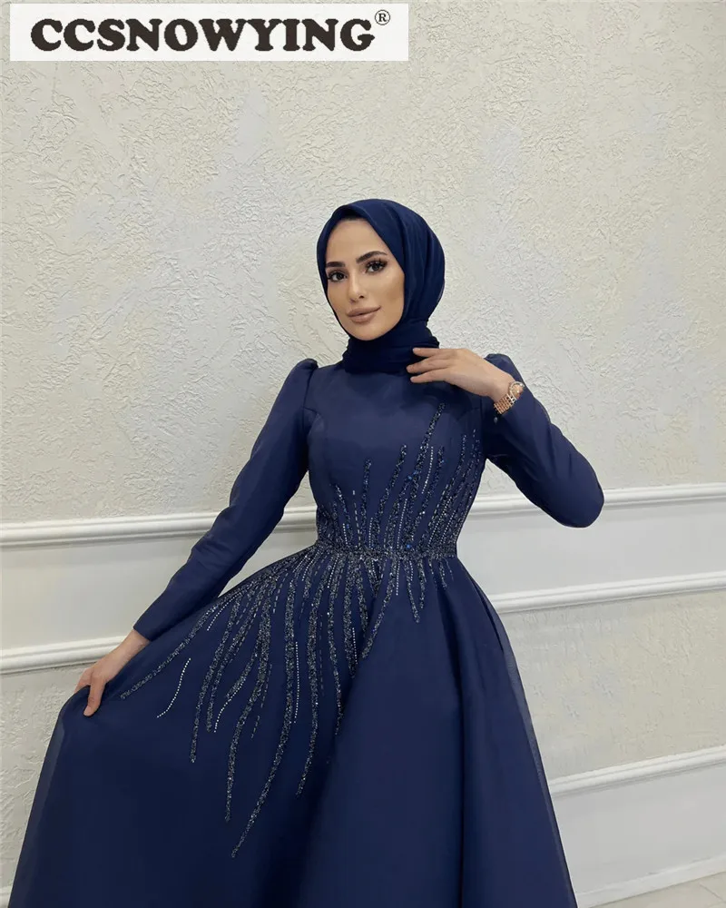 Organza Beaded Muslim Evening Dresses Islamic Long Sleeve A Line Hijab Formal Party Gowns Women Arabic Kaftan Robes De Soirée