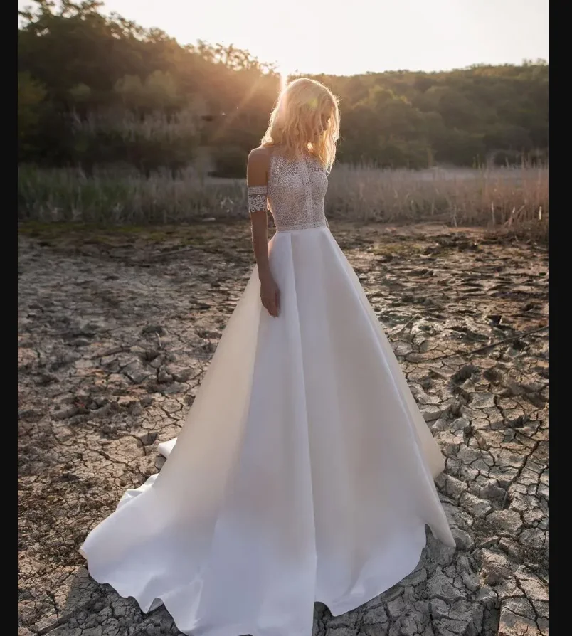 Vestidos De novia bohemios De jardín occidental, vestidos De novia De satén con encaje y cuello joya, vestido De novia con botones en la espalda, bata De playa De talla grande