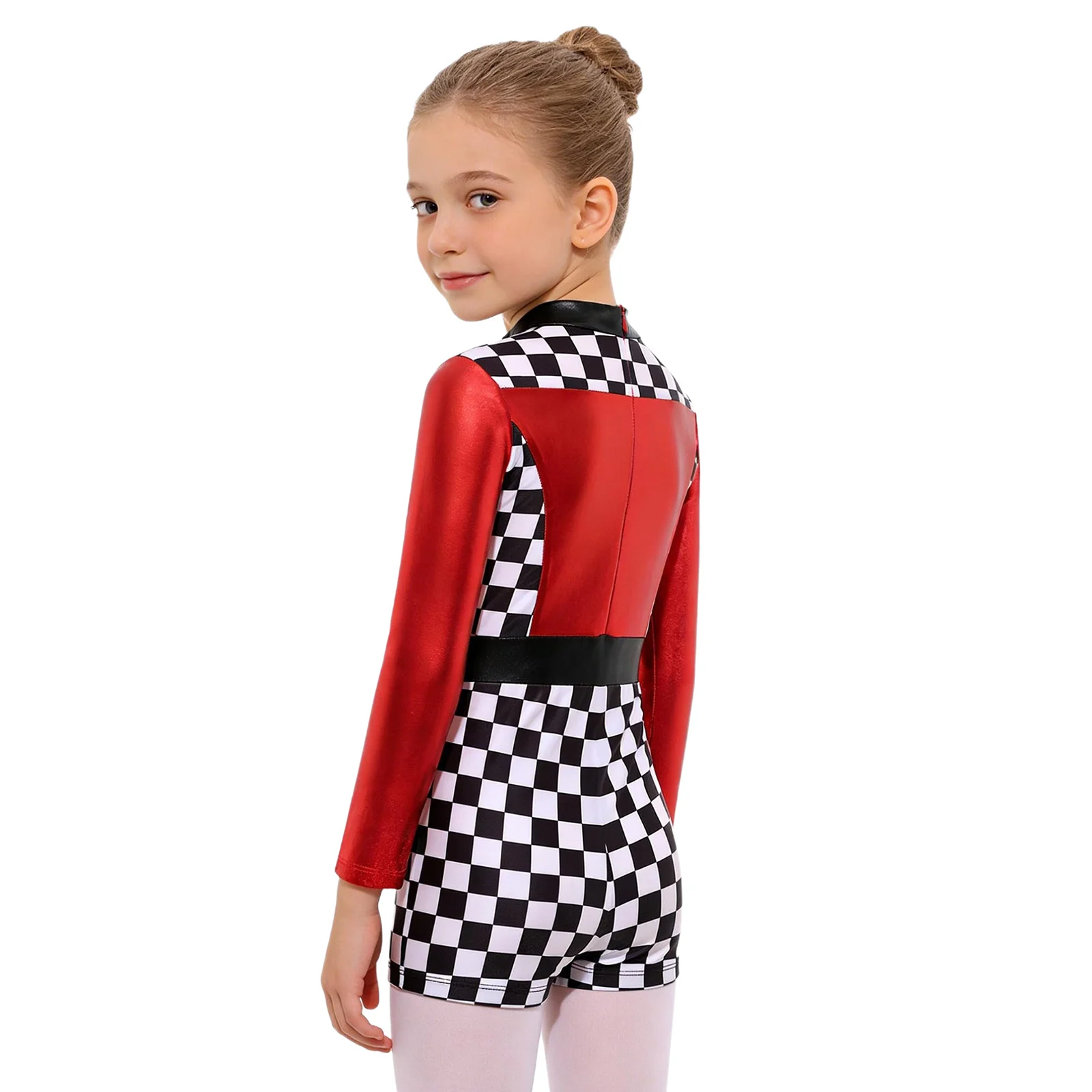 Kids Girls Race Car Racer Theme Party Cosplay Costume Long Sleeve Checkerboard Print Bodysuit Back Zipper Short Jumpsuit