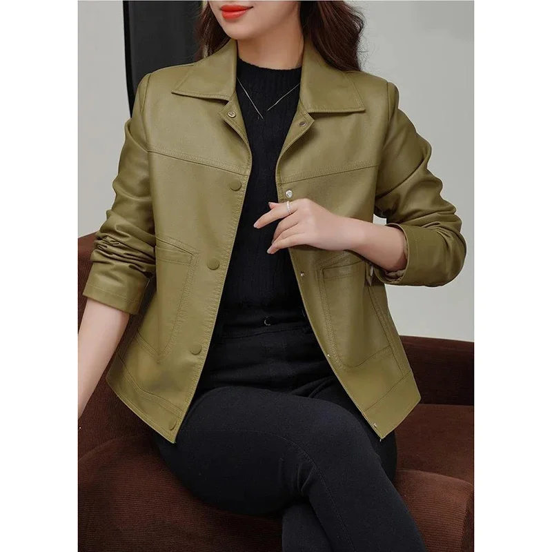 Ladies PU Motorcycle Coat Soft PU Leather Outwear Button Outfit Autumn Winter Fashion Short Female Jacket Black Leather Coat