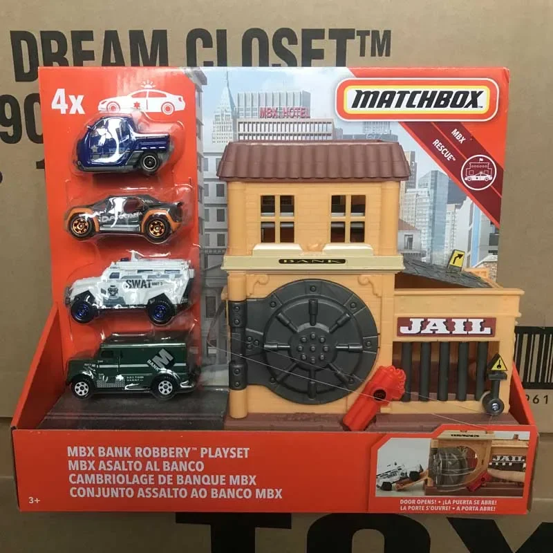 Original Mattel Matchbox Car Toy 1/64 Diecast MBX Rescue Bank Robbery Playset with 4 Vehicle Model Toys for Boys Birthday Gift