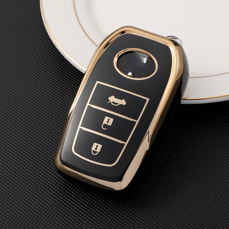 حافظة مفاتيح بحافة ذهبية من البولي يوريثان لسيارة Toyota Chr Rav4 Auris Avensis Prius Aygo كامري كورولا لاند كروزر 200 برادو كراون شل فوب #1