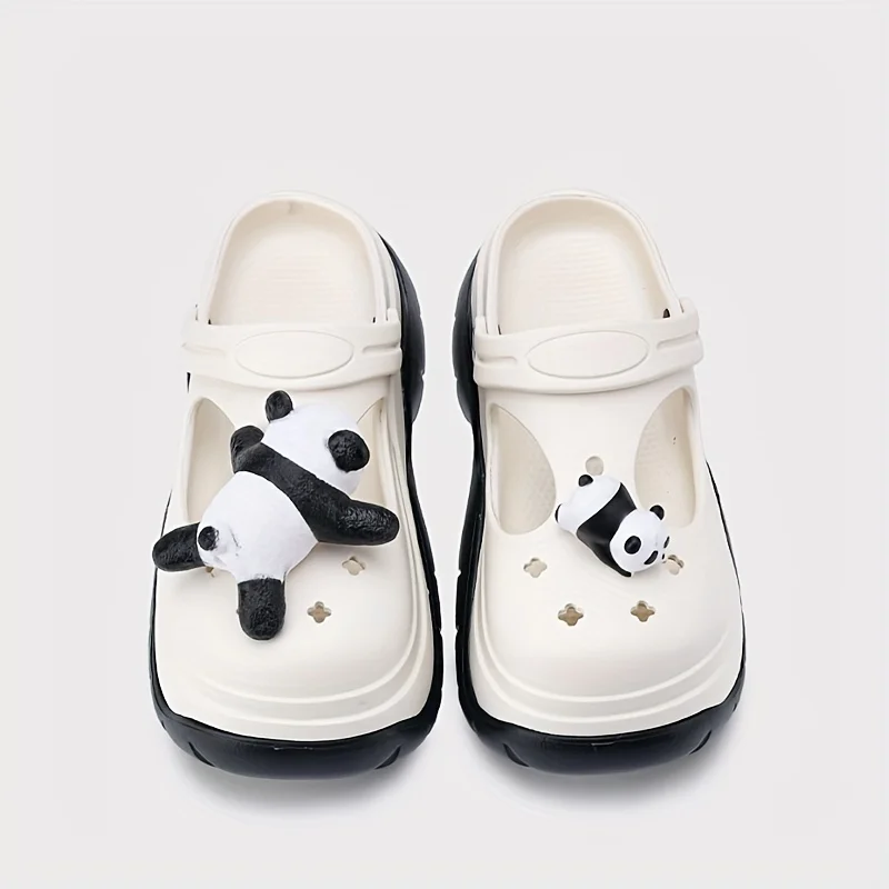 Women's Cute Cartoon Panda Clogs, Platform Soft Sole  Two-way Wear Mules, Breathable Hollow Out Garden & Beach Clogs