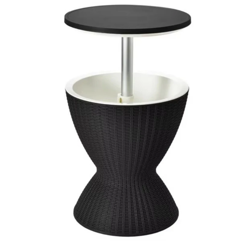 Black 8 Gallon 2 Height Adjustable Outdoor Table with Drain Plug, Imitation Rattan Freezer Side Table