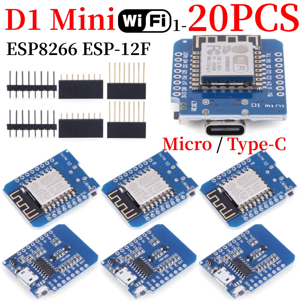 1-20PCS WeMos D1 Mini TYPE-C/Micro USB ESP8266 ESP-12F CH340G V2 Module WiFi D1 Mini Development Board 3.3V With Pin For Arduino