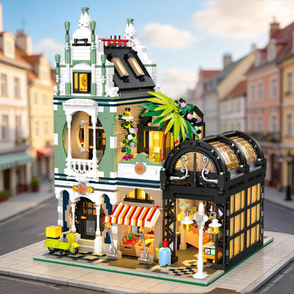 Creative City Market Street View Building Block Streetscape Brick Commercial  House Toys With Light Collection For Gifts