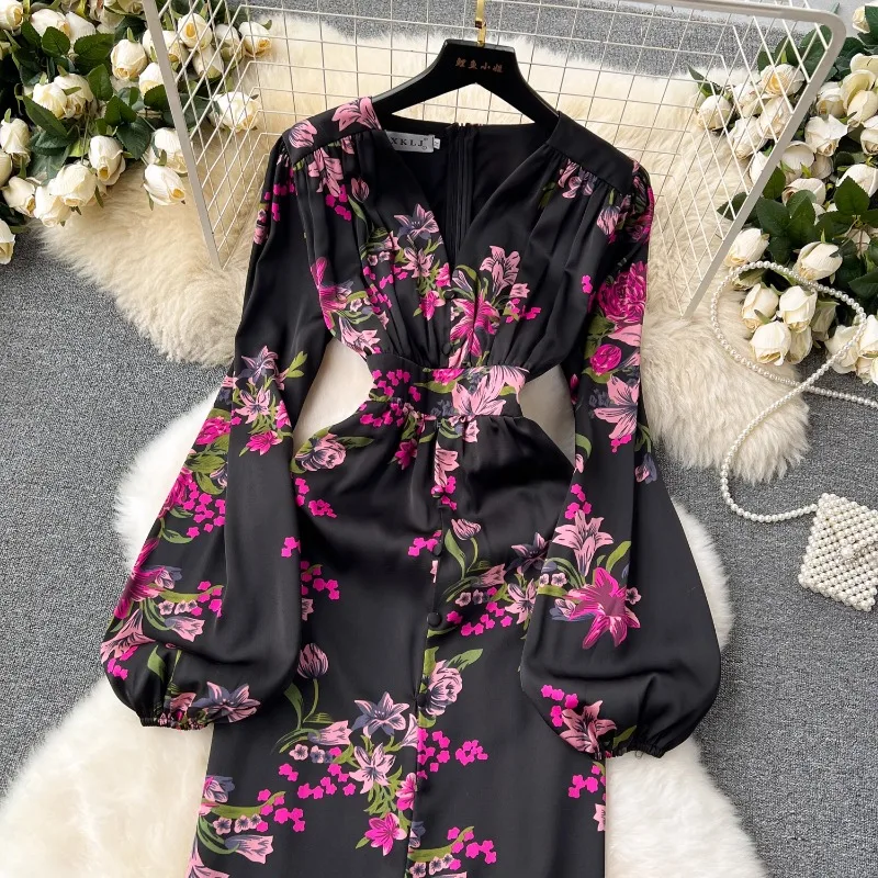 Neploe Elegant Vintage Floral Dress for Women Summer New Slim Waist Bodycon Split Dresses Y2k Lantern Sleeve Vestidos Mujer