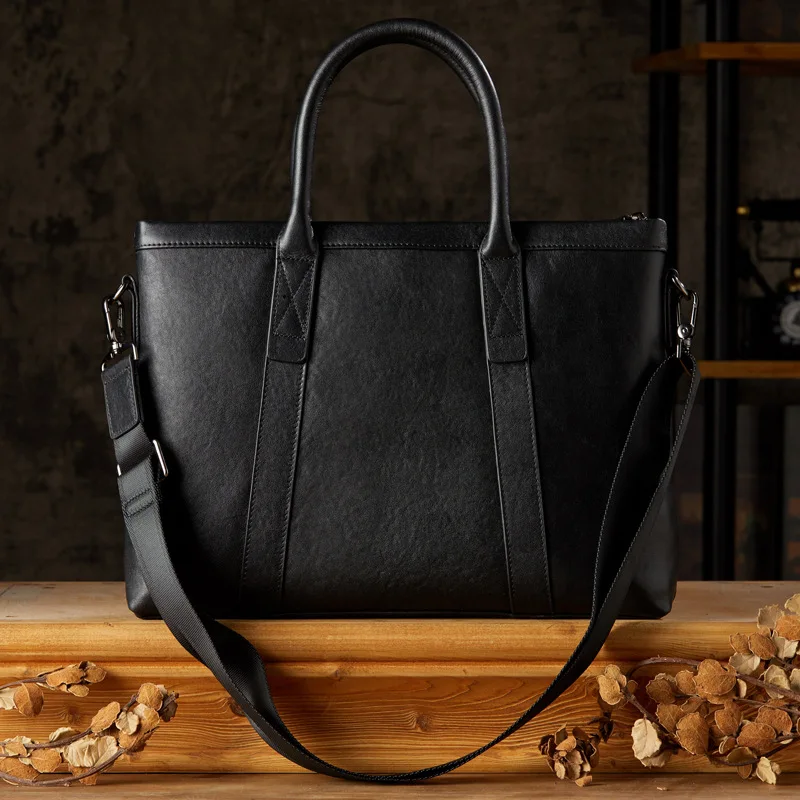 Luxury2025 New Black Genuine Leather Men's Handbags Business Laptop Bag Simple Top Layer Cowhide Briefcase Shoulder Mess