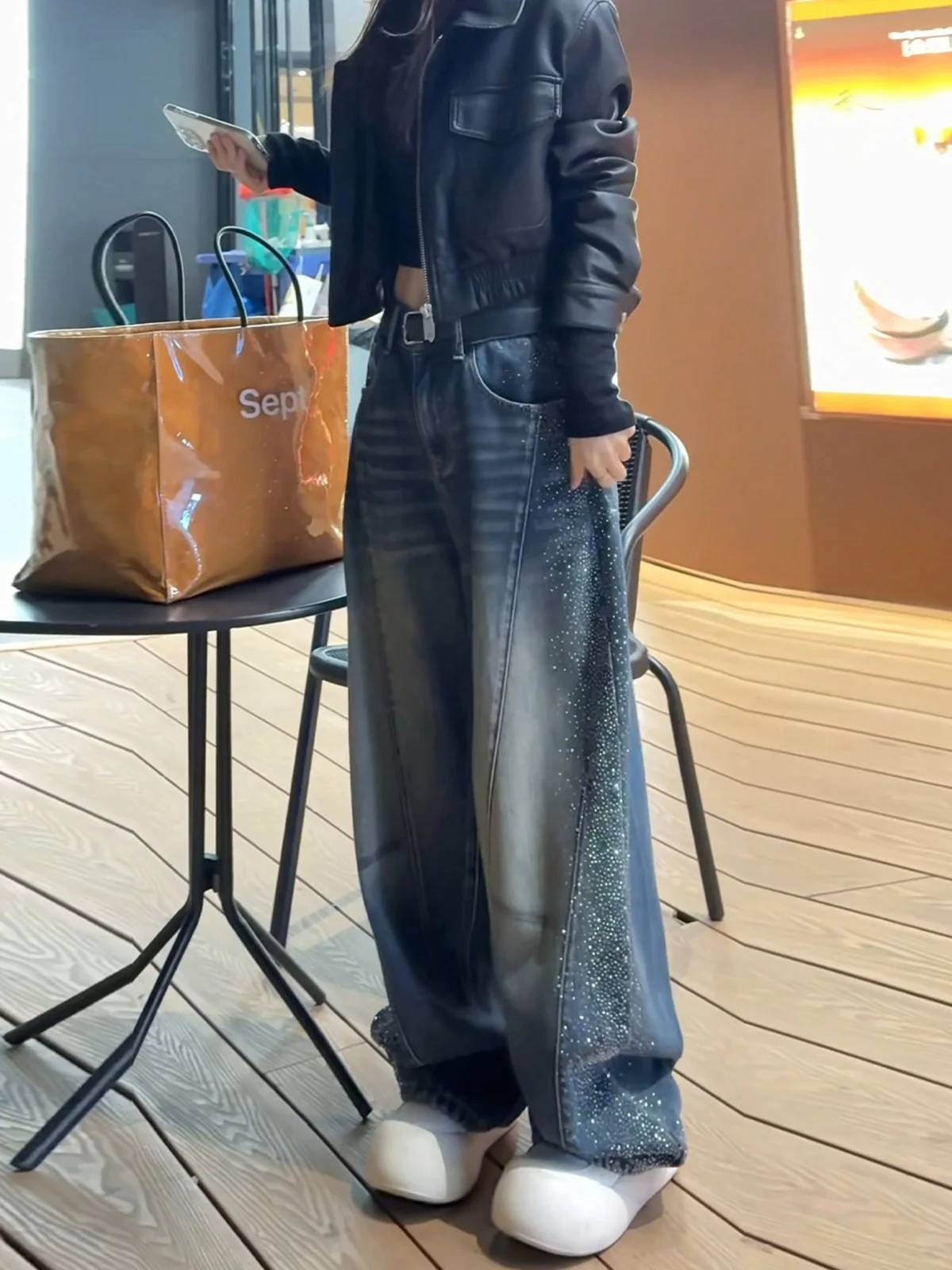 

Американские джинсы High Street с широкими штанинами и стразами, женские, весенние, новые, с высокой талией, свободные, длинные брюки-клеш