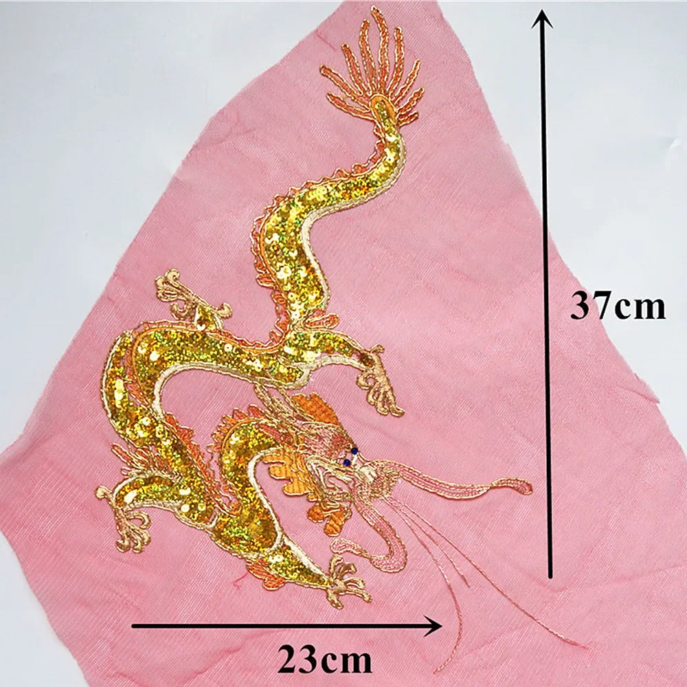 Gold Chinese Dragon Sequins Red Lace Trims Mesh Rhinestone Sew On Patches Embroidery For Wedding Appliques Decoration