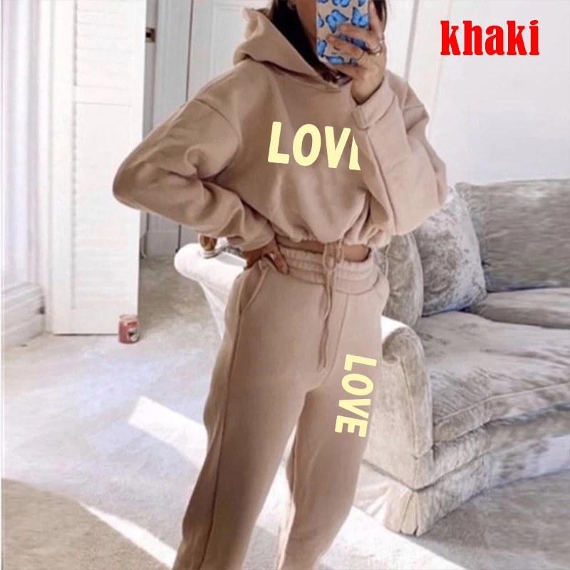 Cute LOVE Letter Print Tracksuit Women Suit Fleece Hoodies Casual Sports Wear Long Sleeved Sweater Trousers Sexy Suit