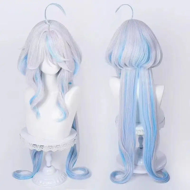고품질 Focalors 합성 가발 Anime Fontaine Furina 100cm 화이트 블루 Cruly 코스프레 애니메이션 가발 내열성 헤어 + 가발 모자