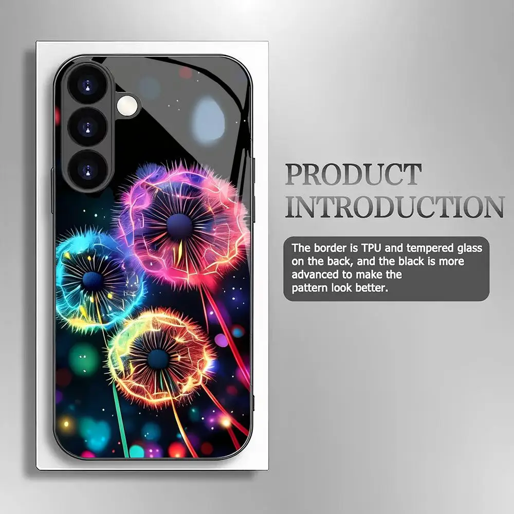 Colorful Dandelion Tempered Glass Phone Case Suitable for Samsung Galaxy S26 S25 S24 S22 S21 S20 FE/Ultra/Plus Anti Drop