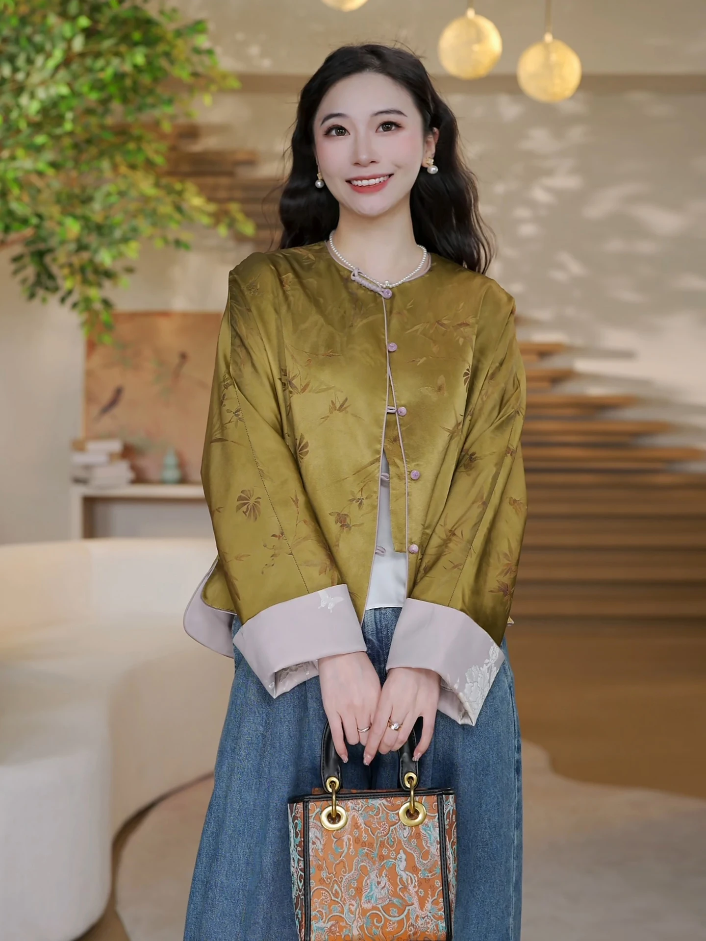 

Antique Silk Double-Faced Wear Age-Defng Jaet Chinese Sle Loose Fit Long Sve round Ne ort Coat for Women