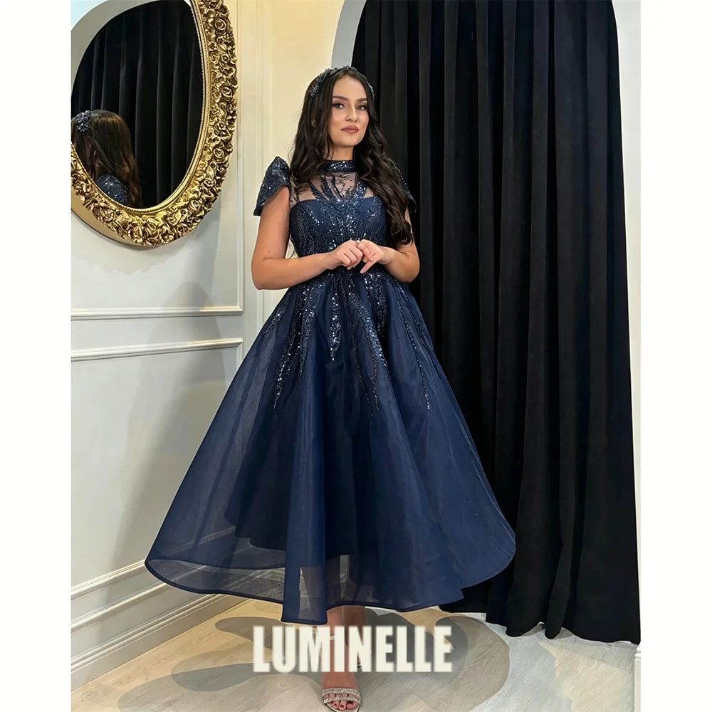 Customized Evening Party Dresses Wedding A-line Pleat Illusion Short Sleeve Sexy Ankle-Length Tiered Lace Prom Gown for Women