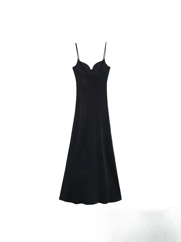 فستان كامي نسائي أنيق مثير من KONDALA من الساتان الصلب باللون الأسود بدون أكمام فستان طويل موضة جديدة 2025 فستان حفلات الربيع والصيف والشاطئ