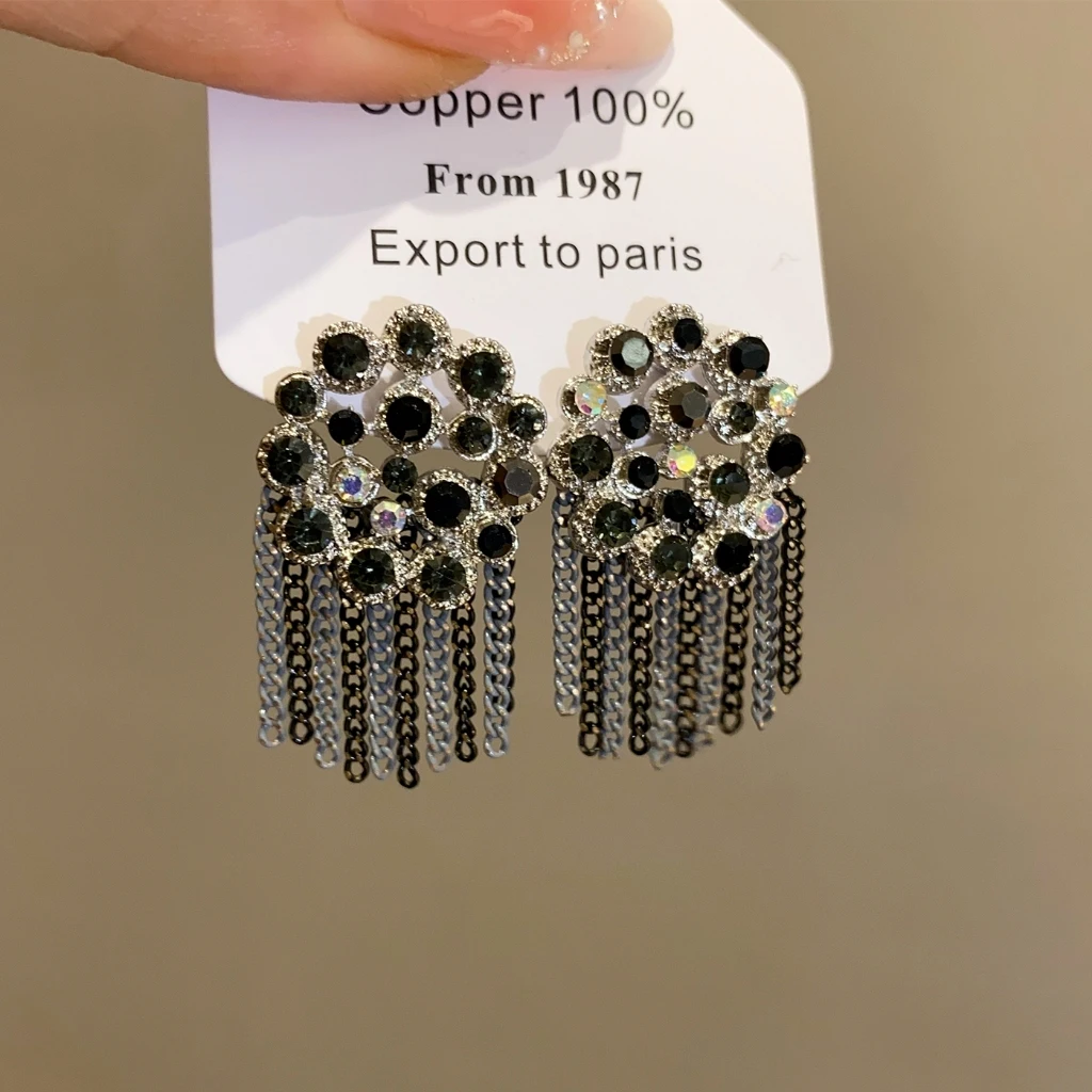 Multi Round Stone Chain Tassel Drop Earring Floral Stone Chain Fringe Earring for Women Banquet Outfit Jewelry