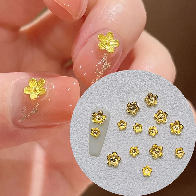 50ชิ้น3D ศิลปะการตกแต่งเล็บอัลลอยรูปดอกไม้สีทองเครื่องประดับเล็บทองชิ้นส่วนโลหะสำหรับตกแต่งเล็บ