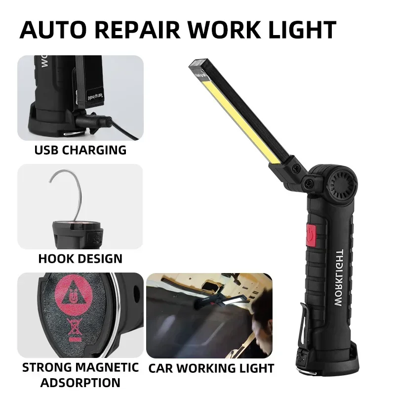 Rechargeable Camping LED Flashlight Work Light with Magnet and Hook IP64 Waterproof 5 Lighting Modes Suitable for Night Work